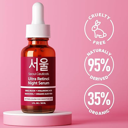 SeoulCeuticals 1% Korean Retinol Night Serum for Face - 97.5% Snail Mucin + Hyaluronic Acid + Bakuchiol, Cruelty Free K Beauty for Sensitive Skin 1oz