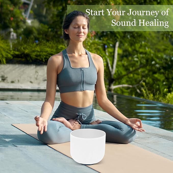 432HZ 8 Inchs G Note White Frosted Crystal Singing Bowl for Meditation Healing Yoga Chakra Quartz Crystal Sound Bowls with Heavy Duty Carry Case and Rubber Mallet,Suede Striker,O-rings