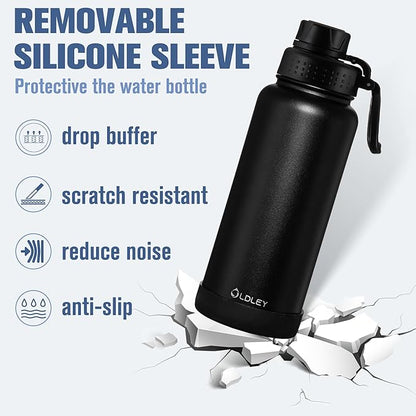 OLDLEY 32 oz Insulated Water Bottle With Straw, Stainless Steel Sports Water Cup Flask with 3 Lids(Straw, Spout and Handle Lid) Double Walled Travel Thermal Canteen Mug,Black