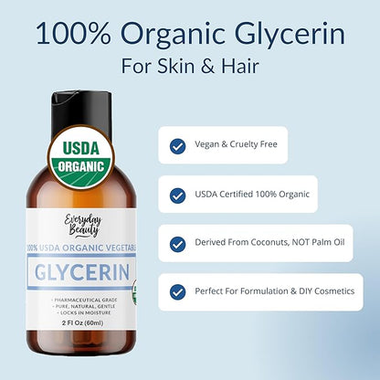 100% Organic Glycerin - For Skin & Hair - Food Grade - USDA Certified - Not From Palm Oil - Perfect Skin and Hair Moisturizer - 2 Fl Oz