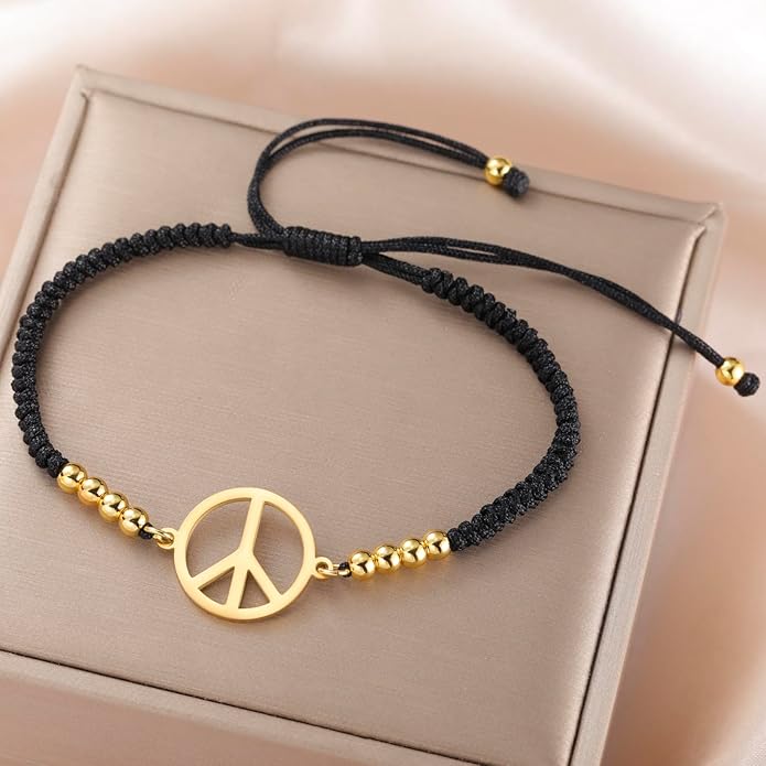 LIKGREAT Peace Sign Pendant Bracelet for Women Peace Symbol Adjustable Handmade Braided Wax Cords Beaded Bracelet