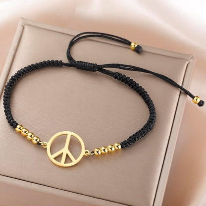 LIKGREAT Peace Sign Pendant Bracelet for Women Peace Symbol Adjustable Handmade Braided Wax Cords Beaded Bracelet