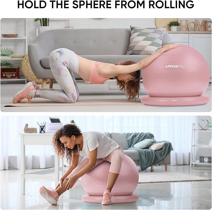 APEXUP Yoga Ball Chair, Exercise Ball Chair with Base for Office, Anti Slip Stability Ball Fitness Ball Seat, Home Gym Workout Ball, Balance Ball with Pump (Pink, L)