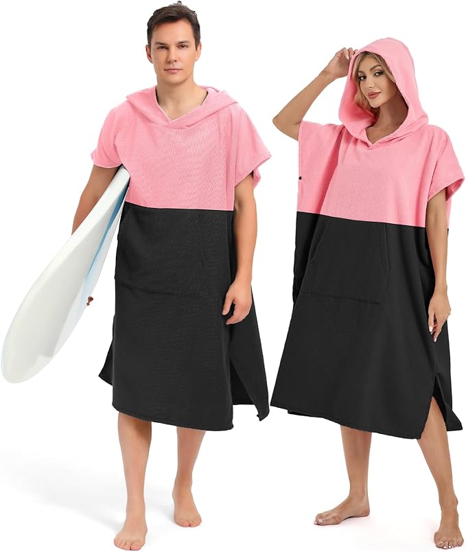 Abahub Surf Poncho Men & Women Towel Poncho Adult with Hood, Thick Quick Dry Changing Poncho Towel, Microfiber Wearable Cover Up for Surfing Beach Swim - Absorbent Changing Towel M (Pink/Black)
