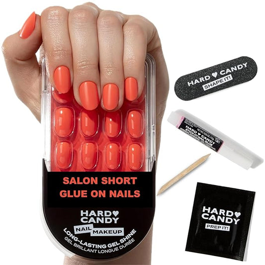 Coral Press On Nails, Short | Hard Candy False Nails with Real Orange Polish | Summer Nail Color | Includes - 24 Reusable Short Round Nails in 12 sizes, Strong Nail Glue, Travel Case and Accessories