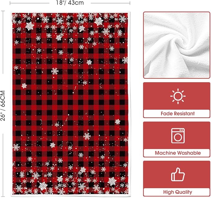 Artoid Mode Red Buffalo Plaid Snowflakes Christmas Kitchen Towels Dish Towels, 18x26 Inch Farmhouse Holiday Winter Decoration Cleaning Set of 2