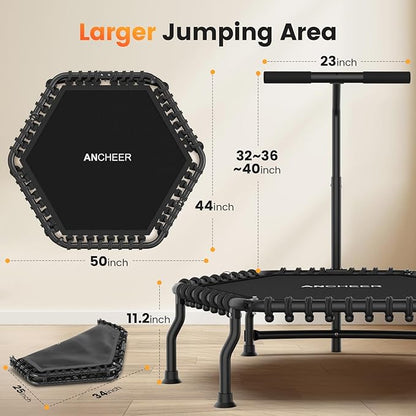 ANCHEER 50" Rebounder Trampoline for Adults- 2025 Foldable Mini Trampoline with Bar- Exercise Trampoline for Adults, Max Load 560lbs, for Indoor/Garden Workout