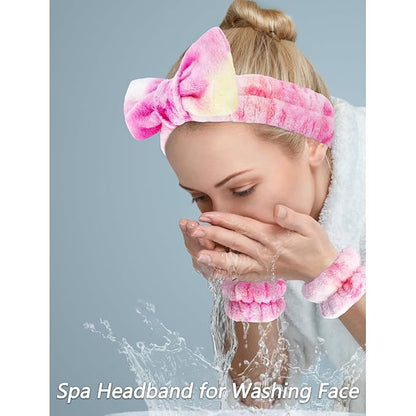 VELSCRUN Spa Headband, Makeup Face Wash Skincare Headbands, 5 Pcs Pink Colorful Sponge Bow Tie Get Ready HairBand Facial Wristband Hair Clips Set, Stuff for Teen Girls Women Trendy Hair Accessories