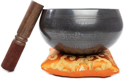 Tibetan Singing Bowl Set - Easy To Play Authentic Handcrafted For Meditation Sound Chakra Yoga Healing 4 Inches By Himalayan Bazaar (Black & Orange)
