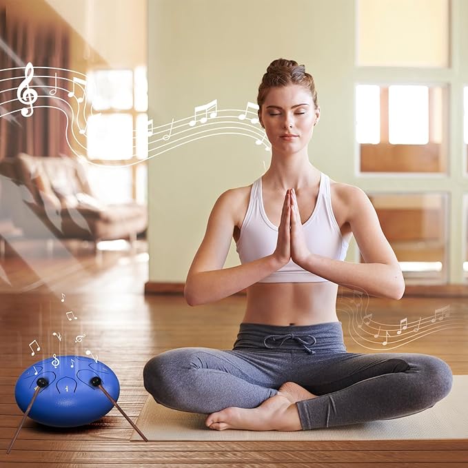 Rain Drum for Outside Garden, 6 Inches 8 Notes Steel Tongue Chakra Drums, Waterproof Meditation Echo Rain Chime, Musical Instruments for Adult Gift with Bag, Music Book (Dark Blue)