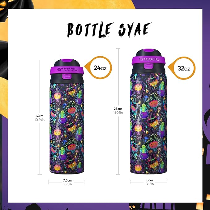 Halloween Gothic Water Bottle with Straw, Stainless Steel Insulated Water Bottle,Leak Proof, One-Touch Flip Lid, BPA Free, Holiday Gifts For Women Men, 32oz, Meowgic Night