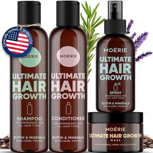 Moerie Shampoo and Conditioner Plus Hair Mask and Spray Mega Pack – The Ultimate Growth Care – For Longer, Thicker, Fuller Hair - Volumizing Products – Paraben & Silicone Free - 4 items