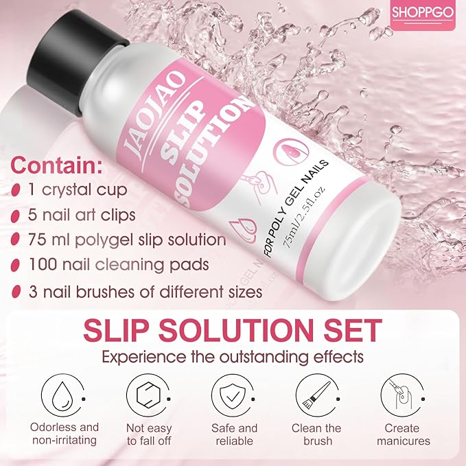 JAOJAO Slip Solution, Gel Nail Cleanser Nail Slip Solution with Brushes Crystal Cup Nailclippers and Cleaning Pads Effective Removal Versatile Cleaning Liquid for Home DIY Manicure,75ml