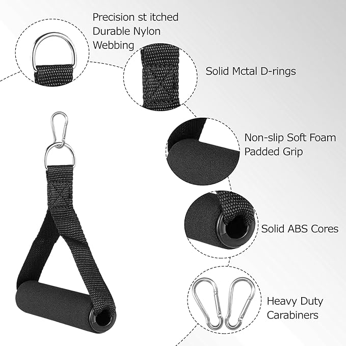4pack Resistance Band Handles, Heavy Duty Exercise Handles, Rope Handle with 4 Carabiners, Workout Bands with Handle for Cable Machine Attachment