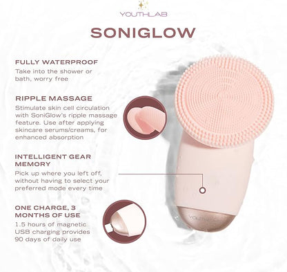SoniGlow Silicone Facial Cleansing Brush – Electric Vibrating Skincare Scrubber Tool for Deep Pore Cleansing, Gentle Massage, Makeup Removal, Waterproof and Rechargeable (Pink)