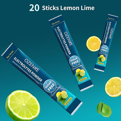 Electrolytes Powder Packets, Hydration Packets, Electrolytes Sugar Free, Portable Electrolyte Drink Mix for Rapid Hydration, No Sugar & Low Sodium | 0 Calorie | Lemon Lime Flavor | 20 Sticks