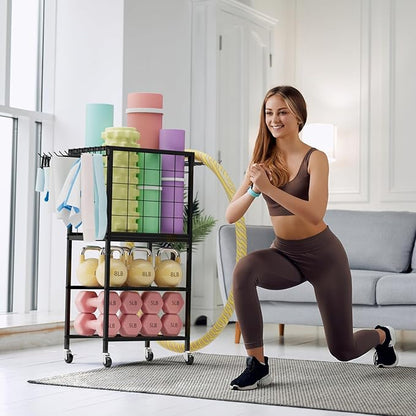 Dumbbell Rack for Home Weight Rack for Home Gym Yoga Mat Storage Rack Black Workout Equipment Storage Organizer with Hooks Yoga Mat Holder with Wheels for Yoga Block, Dumbbell, Resistance Band