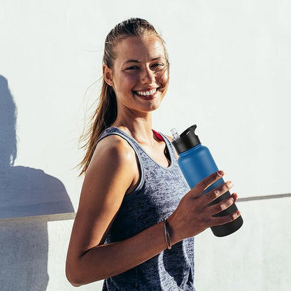 40 oz Insulated Water Bottle with Straw, Stainless Steel Sports Water Bottles with 2 Lids (Straw and Wide Mouth lid), Double Wall Vacuum, Leakproof, BPA-Free, Blue Black Gradient