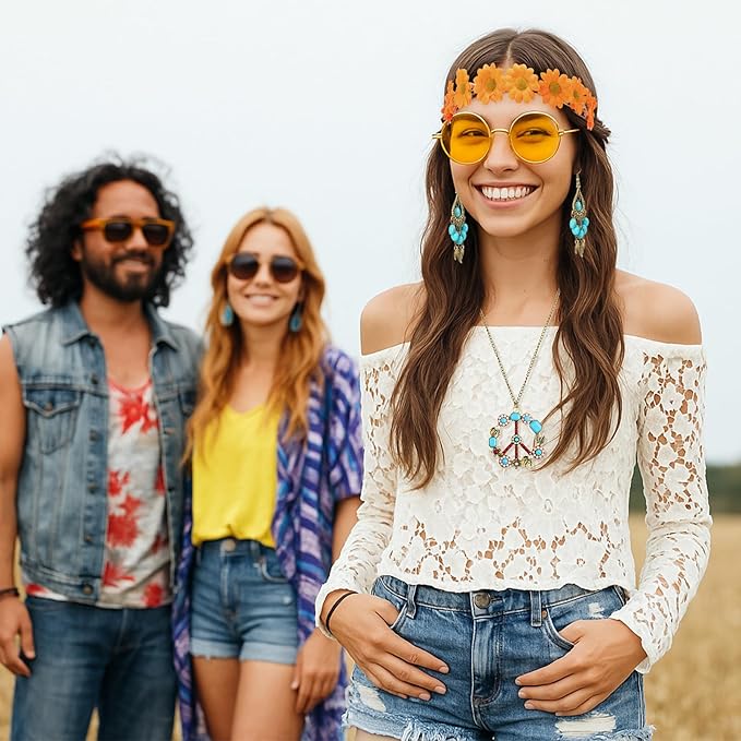 Hicarer Hippie Costume Accessories Include Sunglasses, Peace Sign Necklace, Boho Headband and Earring for 60s 70s Party
