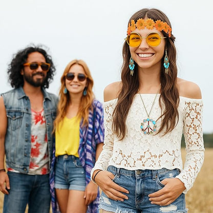 Hicarer Hippie Costume Accessories Include Sunglasses, Peace Sign Necklace, Boho Headband and Earring for 60s 70s Party