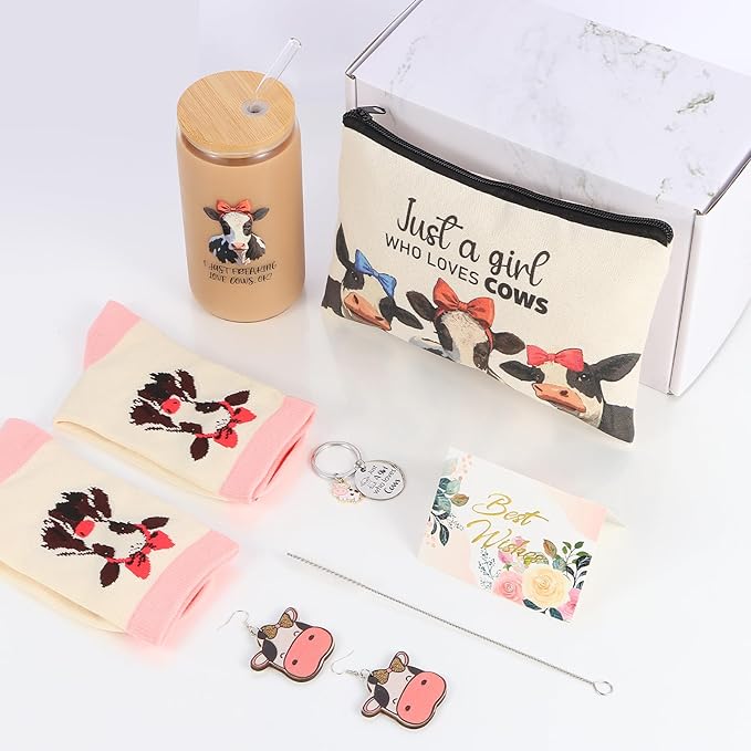 SAIWEILAI ONLINE 6 Pieces Cow Gifts Set for Women Cow Lovers Gifts Just a Girl Who Loves Cows Gift for Her Daughter Friend Sister Cows Lovers