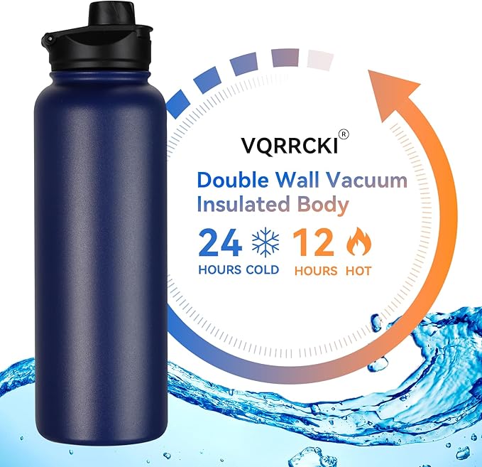 40 oz Insulated Water Bottle with Straw, Stainless Steel Sports Water Bottles with 2 Lids (Straw and Wide Mouth lid), Double Wall Vacuum, Leakproof, BPA-Free, Blue