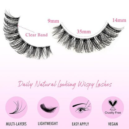 Lashes False Wispy Eyelashes Natural Cat Eye Lash Strips 10 Pairs Fake Mink Eyelash Pack 9-14mm Natural Look Fluffy Strip Lashes Clear Band Easy Eyelashes for Beginners with Cluster Looking