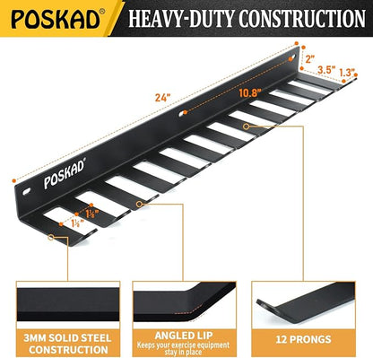 Poskad Multi-Purpose Gym Storage Rack,8 OR 12 Hook Heavy-Duty Steel Gym Organizer Wall Mount Hanger for Home and Pro, Gym Accessory Storage Resistance Bands,Jump Ropes,Lifting Belt,Barbells.