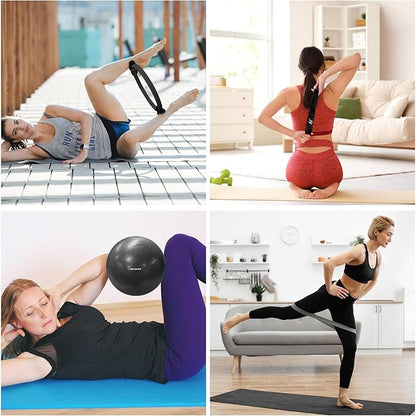 RitFit Pilates Kit - 14 Inch Pilates Ring Magic Circle with Pilates Ball, Resistance Bands & Yoga Strap, Pilates Equipment for Home Workout Toning Thighs, Arms and Core (Black/Pink)