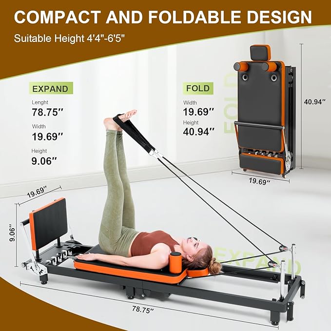 Pilates Reformer,Foldable Pilates Machine for Home Use and Gym Workout,Suitable for Advanced and Beginners Users ,Pilates Equipment with 4 Springs&5 Resistance Cords
