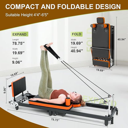 Pilates Reformer,Foldable Pilates Machine for Home Use and Gym Workout,Suitable for Advanced and Beginners Users ,Pilates Equipment with 4 Springs&5 Resistance Cords
