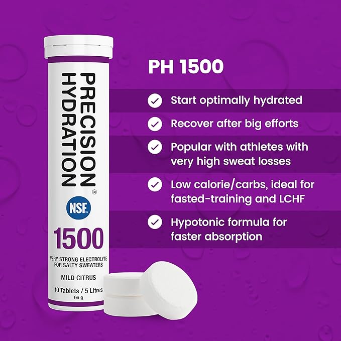 Precision Hydration Electrolyte Drink - Multi Strength Effervescent Hydration Tablets - Combats Cramp - Low Calorie, Gluten Free, Vegan/Vegetarian Friendly (12 Tubes, 1500mg/L - Purple Tube)