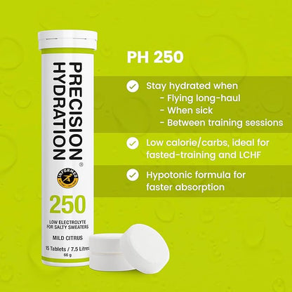 Precision Hydration Electrolyte Drink - Multi Strength Effervescent Hydration Tablets - Low Calorie, Gluten Free, Vegan/Vegetarian Friendly (12 Tubes, 250mg/L - Green Tube)