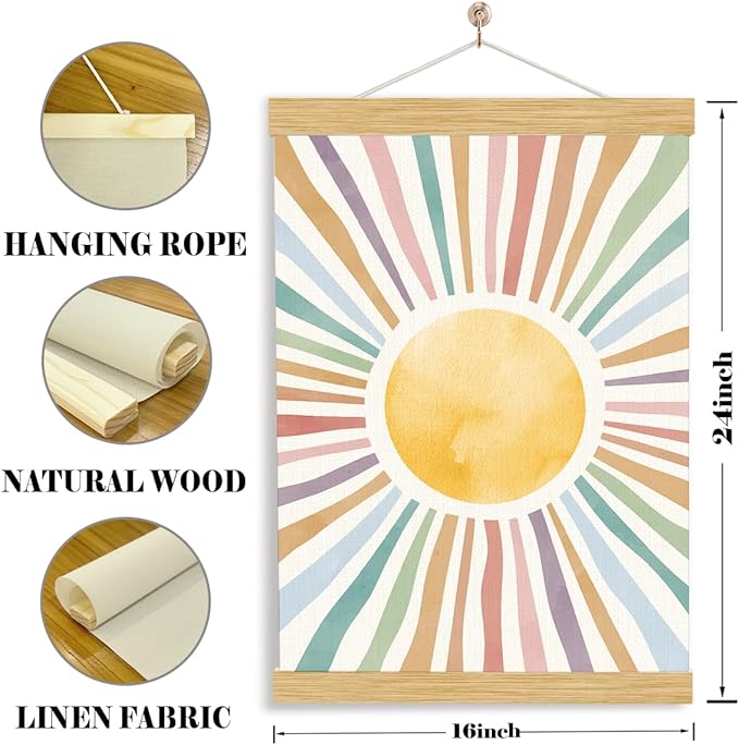 YGSDZY Sun Playroom Poster, Wood Poster Hanger, Watercolor Nursery Sun Print, Rainbow Wall Art, Girls Room Decor, Playroom Decor, Boho Decor, School Psychology, Mental Health Wall Decoration