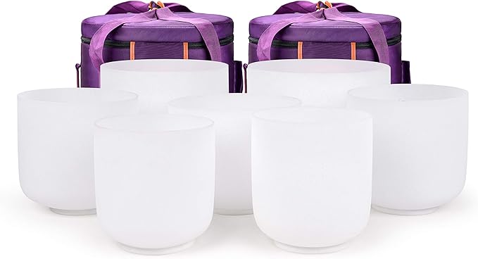 TOPFUND 6-10" Chakra Set of 7 Crystal Singing Bowls with Carrying Cases and Singing Bowl Mallets