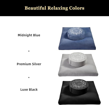 Meditation Zafu Cushion Set with Buckwheat Hulls & Memory Foam - Ergonomic Support for Yoga & Sitting - Removable Machine-Washable Luxury Velvet Cover - for Adults and Kids (Blue)