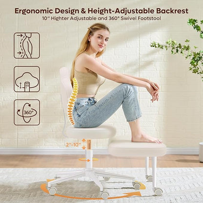 Cross Legged Office Chair with Wheels, Meditation Chair, ADHD Chair for Adults, Wider Height Adjustable Backrest and Seat, Yoga Office Chair, PU Leather, Beige