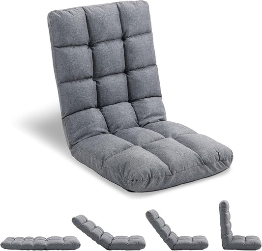 Folding Floor Chair with Back Support, 14 Adjustable Positions, Breathable Padded Sleeper Bed, Couch Recliner, Gaming Sofa Chair for Adults & Kids, Perfect for Meditating, Reading, Living Room (Grey)