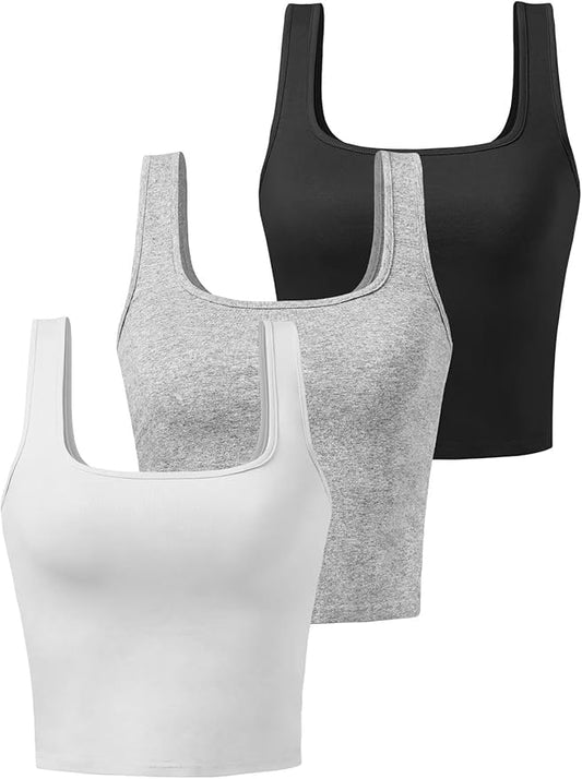 Porvike Sports Crop Tank Tops for Women Cropped Workout Tops Racerback Running Yoga Tanks Cotton Sleeveless Gym Shirts 3 Pack