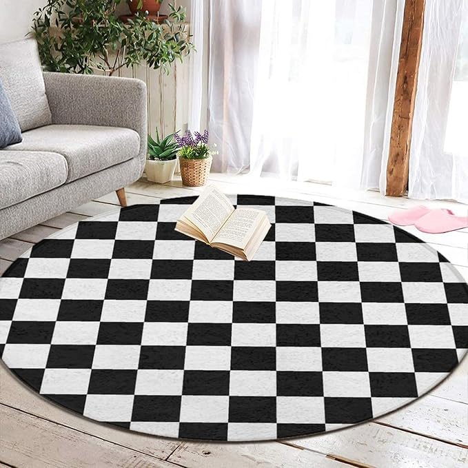 Soft Round Yoga Carpet, Large Home Decor Mat, Non-Slip Machine Washable Kitchen Office Circle Rug Compatible with Race Checkerboard Checkered Black and White
