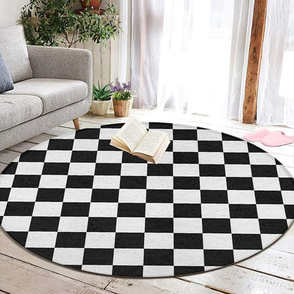 Soft Round Yoga Carpet, Large Home Decor Mat, Non-Slip Machine Washable Kitchen Office Circle Rug Compatible with Race Checkerboard Checkered Black and White