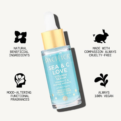 Pacifica Beauty Sea and C Love Vitamin C Serum, Skincare, Hyaluronic Acid, Green Tea, Marine Extracts, Blue Light Protection, Brightening, Lightweight, Face Care, Skin Care Serum, 1 fl oz (1 Count)