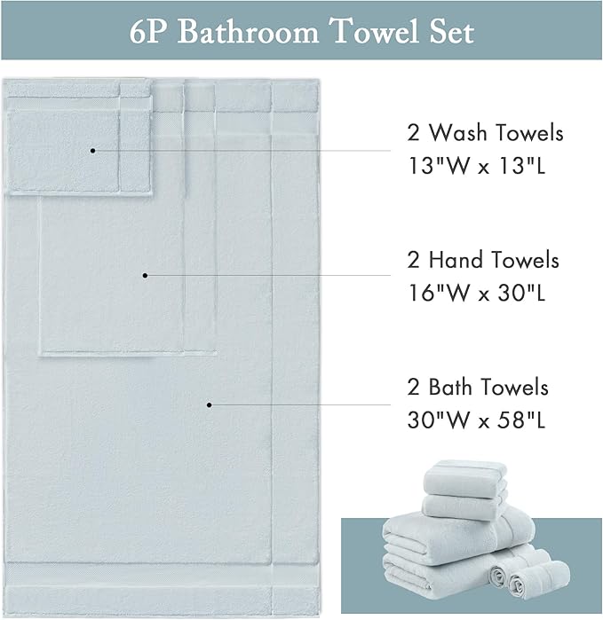Madison Park Turkish 100% Cotton 600Gsm Luxury Premium Thick Soft Absorbent Hotel Bathroom Towel Set Shower Hand Face Washcloths, Assorted Sizes, Light Blue 6 Piece