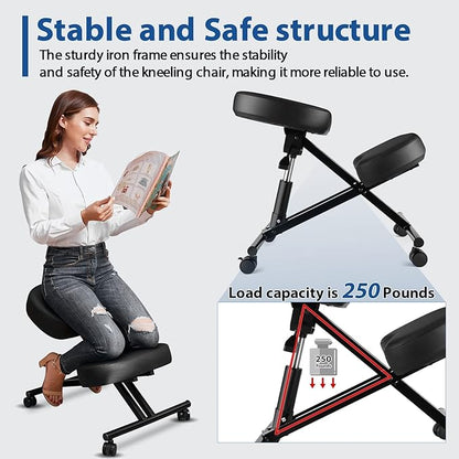 Ergonomic Kneeling Chair, Meditation Chair with Height Adjustable and Cushion for Home and Office, Posture Office Stool with an Angled Seat and Casters