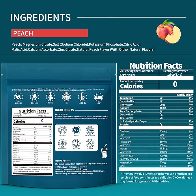 Electrolytes Powder Packets, Hydration Packets, Electrolytes Sugar Free, Portable Electrolyte Drink Mix for Rapid Hydration, No Sugar & Low Sodium | 0 Calorie | Peach Flavor | 20 Sticks