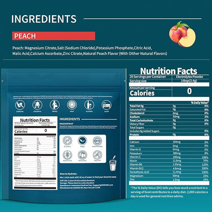 Electrolytes Powder Packets, Hydration Packets, Electrolytes Sugar Free, Portable Electrolyte Drink Mix for Rapid Hydration, No Sugar & Low Sodium | 0 Calorie | Peach Flavor | 20 Sticks