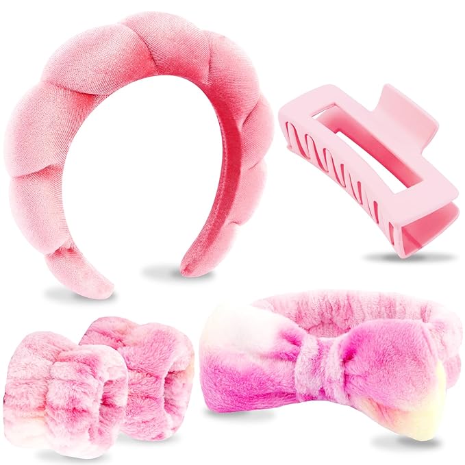 VELSCRUN Spa Headband, Makeup Face Wash Skincare Headbands, 5 Pcs Pink Colorful Sponge Bow Tie Get Ready HairBand Facial Wristband Hair Clips Set, Stuff for Teen Girls Women Trendy Hair Accessories