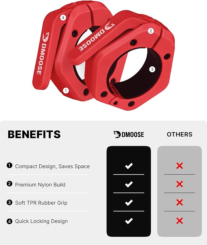 DMoose Fitness Barbell Clips 2 Inch (Pair) - Quick Release Olympic Barbell Clamps & Collars with Anti Slip TRP Grip for Secure Weightlifting and Powerlifting - Weight Clips for Bars at Home or Gym