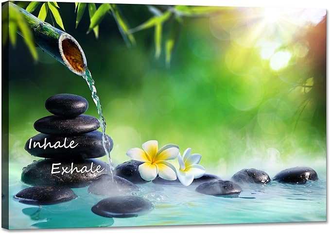 YIOZHAOFH Spa Canvas Print Art Nature Zen Painting Relaxing Bathroom Wall Art Decor White Lotus Pictures Framed Artwork Inhale Exhale Poster Office Decor for Spa Room Bedroom (12L x 16W)
