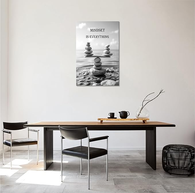 YIOZHAOFH Mindset Wall Art for Zen Office Inspirational Pictures Wall Decor Motivational Quotes Canvas Art Black and White Landscape Nature Print Poster Painting Framed for Meditation Spa Room Bedroom (16L x 24W)